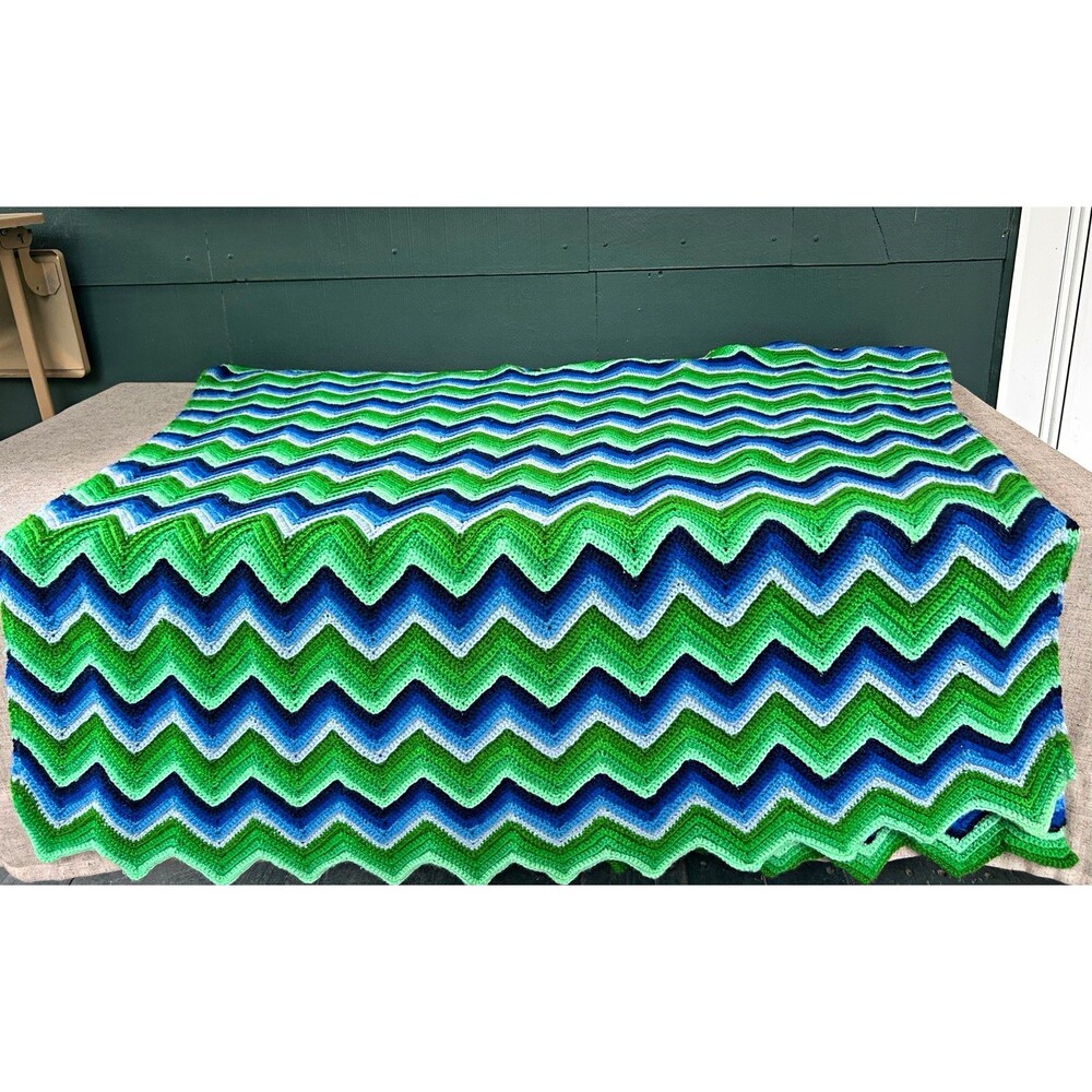 Vintage 70s Handmade Crochet Chevron Ripple Blue Green Afghan Blanket 37”x77”